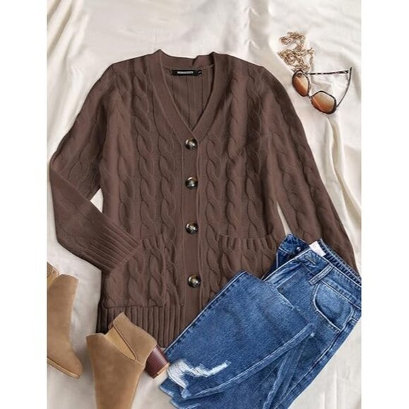 Women's Fall Long Sleeve Cable Knit Sweater Open Front Cardigan, Coffee - Picture 6 of 7
